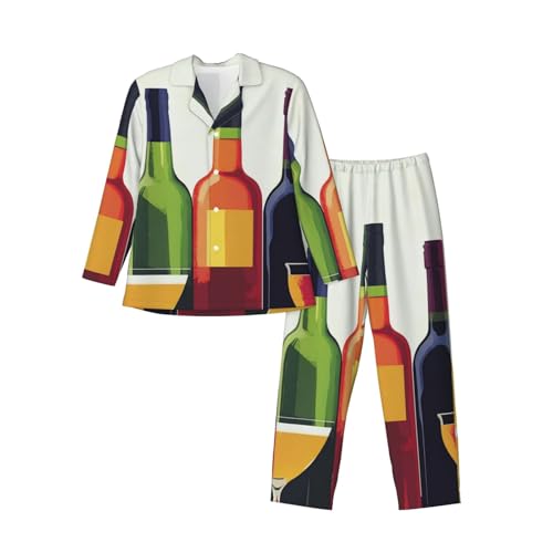 Poster Of Wine Bottles And Cocktails Mens Pajamas Set Button Down Sleepwear Set Long Sleeve Loungewear With Pockets3