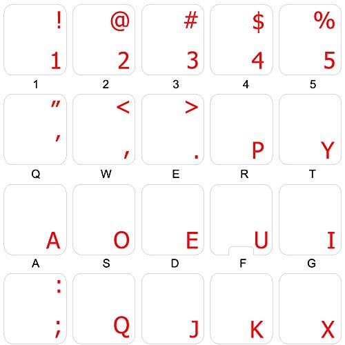 Dvorak Simplified Keyboard Stickers with RED Lettering ON Transparent Background