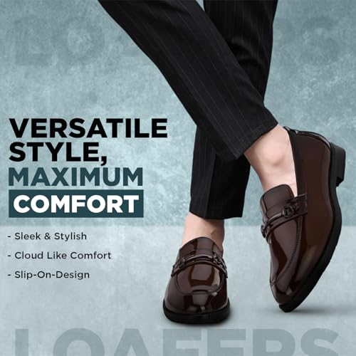Image of STANPHORD Men Formal Buckle Accent Loafers | Patent Slip-On | Memory Foam Insole | Office Business Wedding Casual WearTan (TPSL F1)