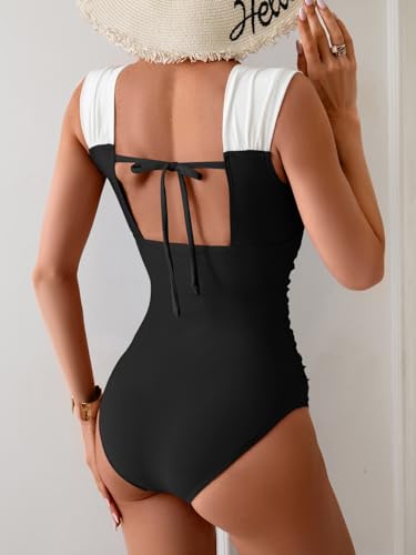 B2prity Womens One Piece Swimsuit Retro Square Neck Tummy Control Bathing Suits Ruched Modest Full Coverage Swimwear2