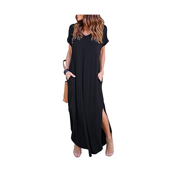 HUSKARY-Womens-Summer-Maxi-Dress-Casual-Loose-Pockets-Long-Dress-Short-Sleeve-Split HUSKARY Womens Casual Pocket Beach Long Dress Short Sleeve Split Loose Maxi Dress, Black 01, Large