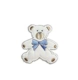 Puffy Beige Teddy Bear - Boy - Blue Ribbon - Embroidered Iron on Patch