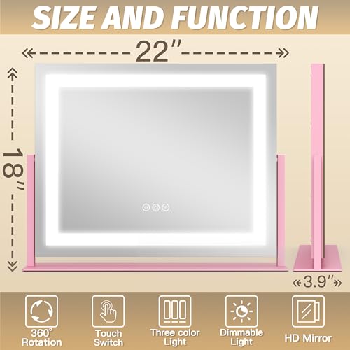 Image of FENNIO Vanity Mirror with Lights 22''x18'' Makeup Mirror with Lights,Lighted Makeup Mirror with 10X Magnification,Smart Touch Screen with 3-Color Lighting,Dimmable(Square Pink)