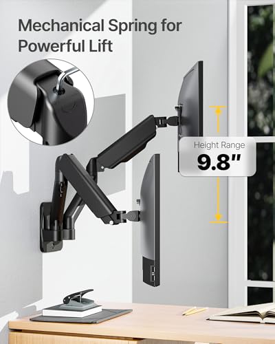 monTEK Dual Monitor Wall Mount for 17–32 Inch Flat & Curved Screens, Holds Up to 9kg Each, Fully Adjustable Mechanical Spring Monitor Arm Height, Tilt Swivel Rotate, 75x75/100x100 VESA Mount, Black - Image 3