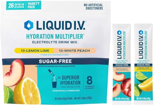 Liquid IV Hydration Multiplier Sugar FREE - 26 Individual Stick Packets - White Peach & Lemon Lime Flavor Variety No Sugar - 338 Grams