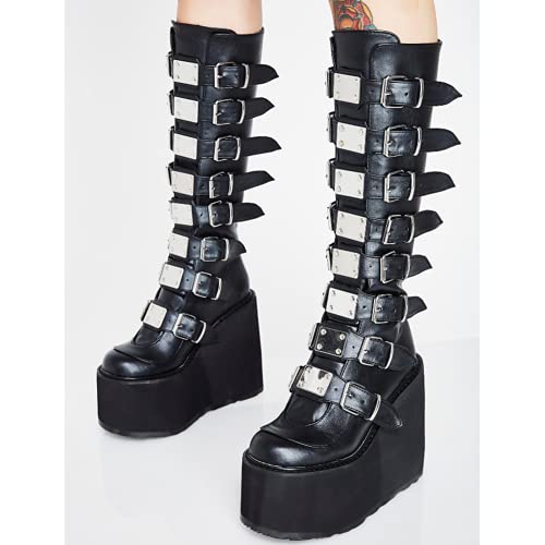 DETOGNI Women's punk goth platform boots Buckle Straps Back Zipper gothic boots Ladies Rivets Metal Decoration Long Boots knee high Tall Boots Combat Boots3