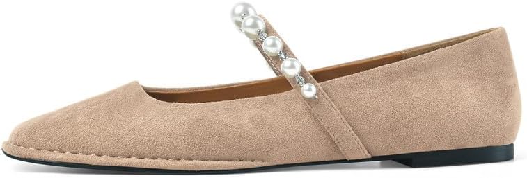 Square Toe Suede Ballet Flats for Women with Pearl Strap Comfortable Elegant Mary Jane Ballerina Shoes
