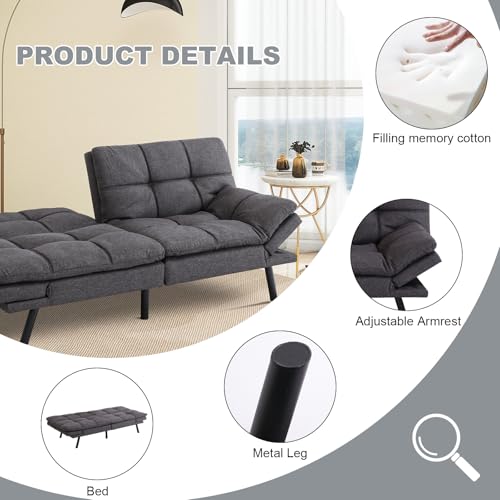 Image of Futon Sofa Bed Convertible Couch,Memory Foam Futon Sofa Couch,Sleeper Futons Sofa Couches,Small Splitback Modern Loveseat Sofa Bed for Living Room,Office,Apartment,Linen Fabric,Dark Gray.
