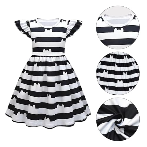 Girls' Cat Cabin Dress with Classic Stripes,Ruffle Sleeve Dresses with Headband Cat Purse and Glasses Outfit3