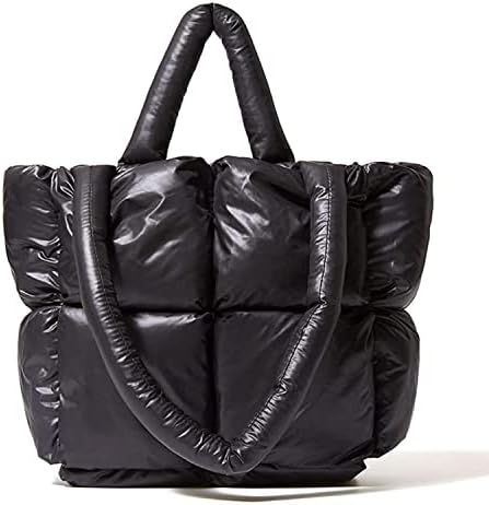 Women Large Quilted Space Tote Bag Soft Padded Down Winter Puffer Handbag Nylon Pillow Shopper Shoulder Bag Black