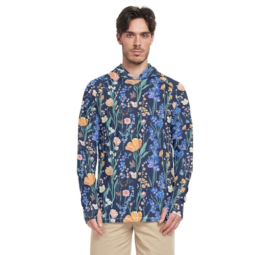 Impressionism Style Blue Flowers Mens Sun Protection Hoodies Long Sleeve Active Wear UPF 50 + Beach Shirt S