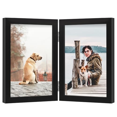 4x6 Double Picture Frame Wooden Hinged Photo Frame Definition Glass Stand Vertically on Desktop or Tabletop Black