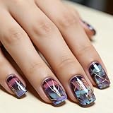 Floruvia 24 pièces ongles courts carrés, ongles acryliques bleu violet brillant avec bandes dorées, ongles faux pour décoration manucure femmes