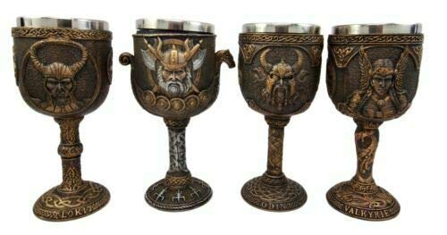 Ebros Gift Norse Mythology Viking Gods And Goddess Odin Valkyrie Loki And Valhalla Battle Longship 7oz Resin Wine Goblet Chalice Set of 4 With Stainless Steel Liner Cup Poetic Edda Ragnarok
