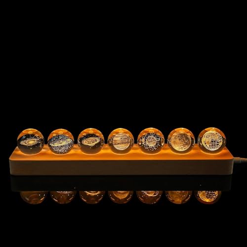 Set of 7 Planet Crystal Ball Night Light 1.57-inch Solar System Galaxy Decorative Balls with LED Wooden Base for Meditation Positive Energy Decor