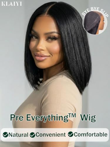 Image of KLAIYI Bye Bye Slip Yaki Straight Bob Wig Human Hair Glueless 13x4Lace Front Wigs Human Hair Drawstring Pre Plucked Bleached Knots Pre Everything 3S Ready to Wear and Go Wig Beginner Friendly 14Inch