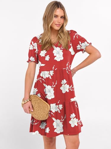 Image of ANRABESS Women Summer Square Neck Puff Short Sleeve Mini Dress 2026 Casual Flowy Sundress Beach Vacation Clothes with Pockets