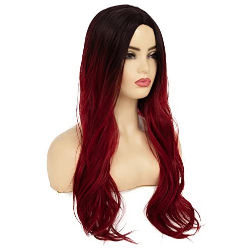 Tseses Ombre Red Long Curly Wigs For Women Wavy Synthetic Hair Wigs Dark Roots Hair Women Wig For Cosplay Halloween Party Daily Use (Red) #TOP3