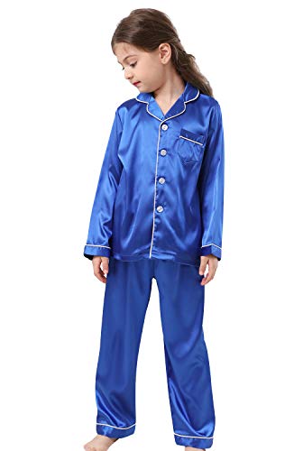 Image of Pajamas Kid Unisex Pjs Set Girls Boys Silk Pajamas Set Satin Long Sleeve 2 Piece Clasic Sleepwear for 2-12 Years Todder