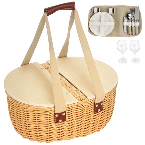 Outsunny Wicker Picnic Basket for 2 with Pine Wood Lid Picnic Hamper with Cooler Compartment Cutlery Service Kits Carry Handle for Camping Outdoor Valentine Day Chirtmas Birthday Light Brown