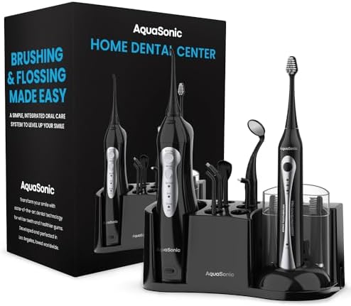 AquaSonic Home Dental Center Rechargeable Power Toothbrush & Smart Water Flosser – Complete Family Oral Care System – 10 Attachments and Tips Included – Various Modes & Timers (Black) AquaSonic Home Dental Center Rechargeable Power Toothbrush & Smart Water Flosser – Complete Family Oral Care System – 10 Attachments and Tips Included – Various Modes & Timers (Black)