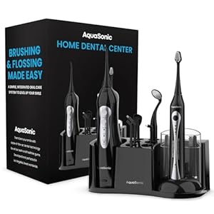 AquaSonic Home Dental Center Oplaadbare Power Tandenborstel & Smart Water Flosser - Compleet Familie Mondverzorgingssysteem - 10 hulpstukken en tips inbegrepen - Verschillende modi & Timers (zwart)