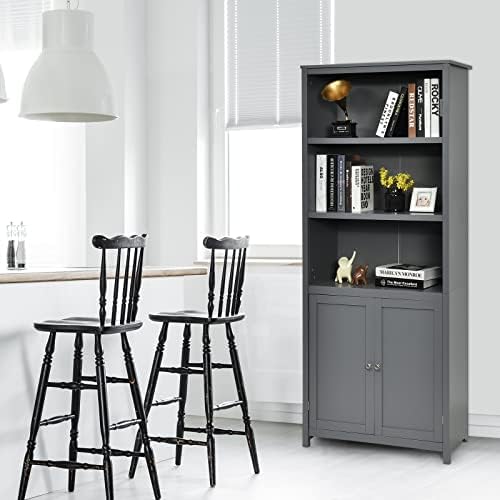 CASART Wooden Bookcase, Modern Storage Cabinet Cupboard with 3 Tier Open Shelves & 2 Doors, Freestanding Display Rack Bookshelf for Living Room, Bedroom and Office (Gray)