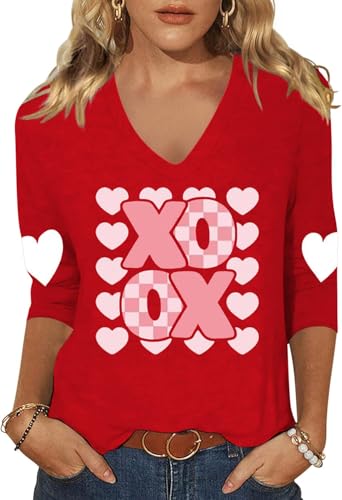 Image of Woffccrd Womens 3 /4 Sleeve V Neck T-Shirts Valentina's Day Spring Shirts Love Heart Printed Graphic Tees