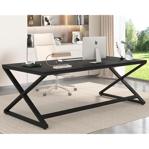 LVB Large Black Desk, 70.8” Long Computer Desk for Home Office, Modern Wide Executive Work Desk for Writing Study, Simple Wood Metal Computer Table Gaming Desk Workstation in Bedroom, Black Oak, 70 in Cover
