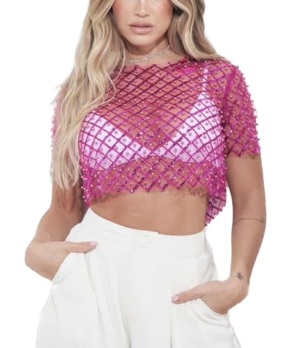 トップス AMOMENTO SHEER VOLUME CROP TOP Fuimsul Women Sexy Mesh Sheer Pearl Rhinestone Crop T Shirt
