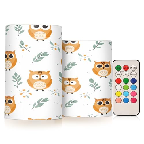 ALAZA Cartoon Owl Flickering Flameless Candles Battery Operated with Remote Timer,Tea Light Candles LED Pillar Votive Candles Set of 2 for Outdoor Indoor Decorations
