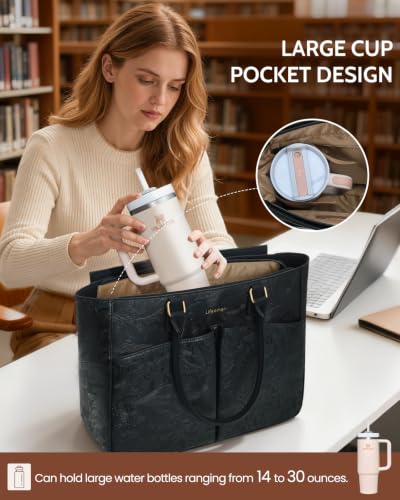 Image of Laptop Tote Bag for Women, Leather Work Tote with Padded Laptop Compartment, Cup Holder, Office Computer Briefcase