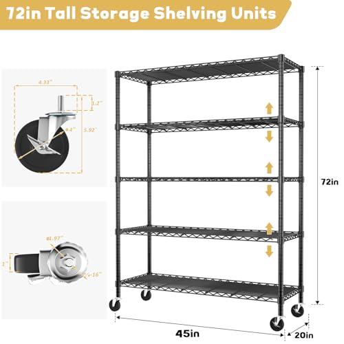 Image of ROOMTEC 5-Tier Wire Shelving with Wheels,45 inchW*20 inchD*72 inchH,Max Load 2000 lbs