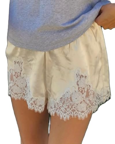 Women Satin Silk Shorts Lace Trim Mini Micro Shorts Silky Low Rise Coquette Lounge Slip Pj Bottoms French Knickers(Satin Beige,Large)