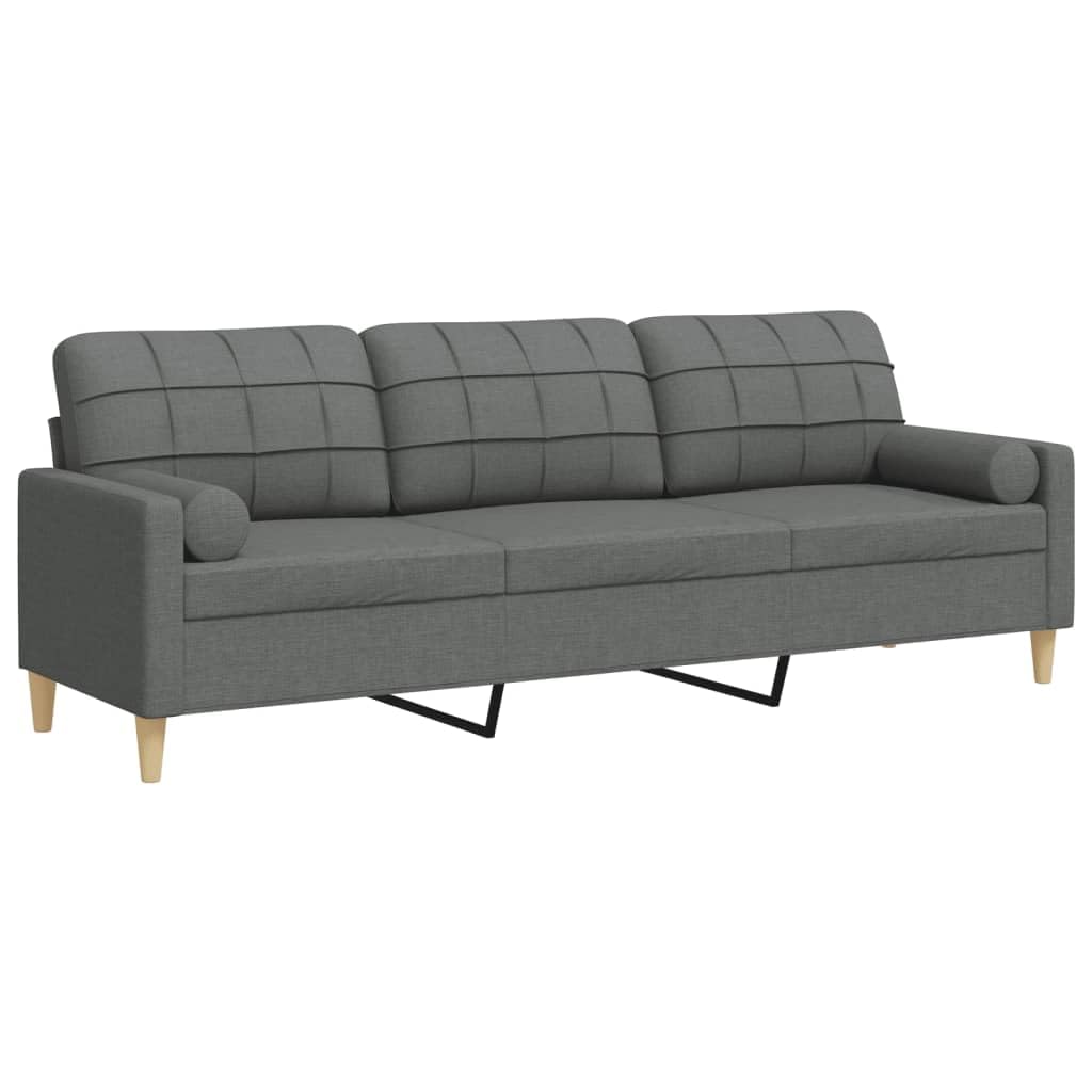Sofa 3-osobowa, ciemnoszara, 210 cm materiał, z 2 poduszkami ozdobnymi, metalowy stelaż, wytrzymały poliester, wygodna tapicerka do salonu, nowoczesne wzornictwo