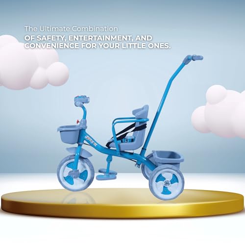 Image of ViniToys Sparx PH Baby Tricycle for Kids 1 to 5 Years with Removable Parental Control Handle, Safety Guard, Seat Belt, Footrest, Music, Storage Baskets and Wide Grip Wheels (Light Blue, Sparx PH)