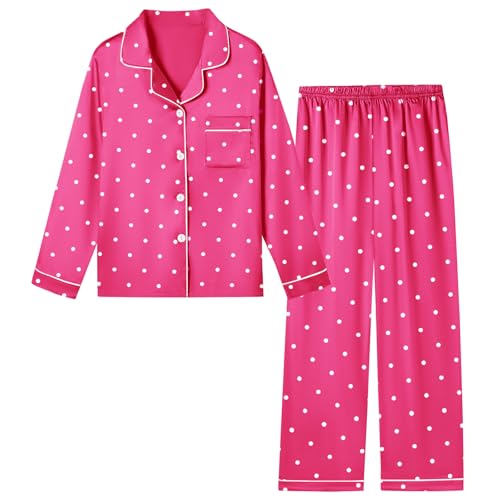 Image of Schbbbta Girls & Women Satin Pajamas Set, 2Piece Silk Nightwear Button-Down Sleepwear for Teen Kids, 3 Years - Women XXL