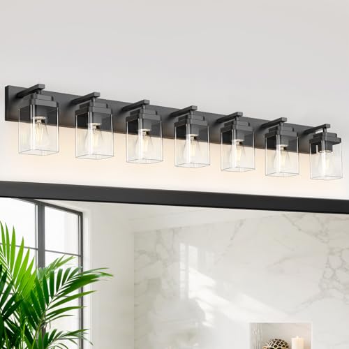 Image of Black Bathroom Light Fixtures, 7 Lights Bathroom Lighting Fixtures Over Mirror, Square Design & Rectangle Large Backplate, Modern Vanity Lighting Fixtures, for Bathroom /Living Room /Bedroom