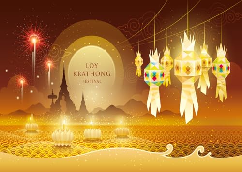 CORFOTO 7x5ft Loy Krathong Festival Backdrop Fabric Hanging Lanterns Floating Krathongs Fireworks Pattern Thai Water Festival Theme Background Decor for Cultural Celebration Event Photo Booth