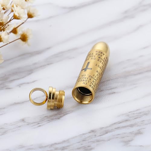 JWM Stainless Steel Bullet Pendants Cremation Urn Ashes Necklaces Cross Lords Prayer in English, 21.7" Square Pearl Chain4