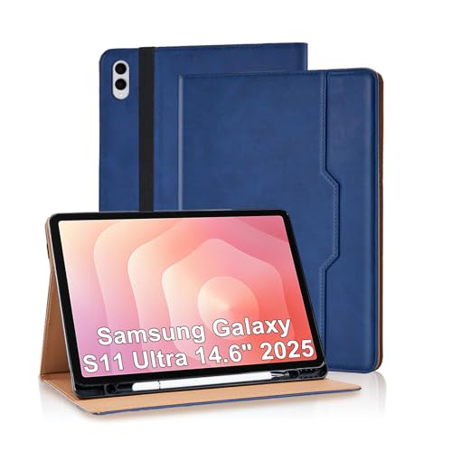 Varohix Case for Samsung Galaxy S11 Ultra 14.6 inch 2025 (SM-X936B/ SM-X930) PU Leather with S Pen Holder,Hand Strap Flip Cover for Galaxy S11 Ultra with Pockets,Multi-Angle Viewing Protective, Blue