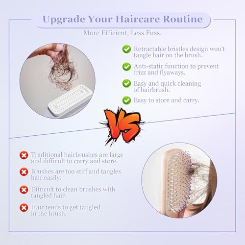 Image of Self Cleaning Hair Brush with Retractable Bristles, Anti-Static Scalp Massage Comb for Thick & Curly Hair, Easy Hair Removal