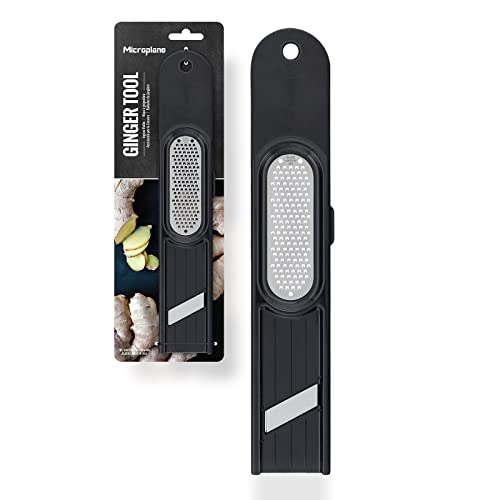 Microplane Herramienta de jengibre 3 en 1 | Herramienta de cocina para rallar, pelar y cortar jengibre | Rallador de jengibre de acero inoxidable | Hoja afilada y fina | Herramienta de rallador de