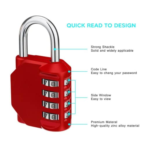 Image of 4 Digit Combination Lock for Gym /Sports /School /Employee Locker /Fence /Hasp and Storage -Easy to Set Your Own Keyless Resettable Red