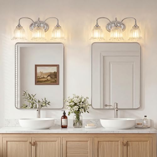 Image of Chrome 3-Light Bathroom Light Fixtures with Floral Glass Shade