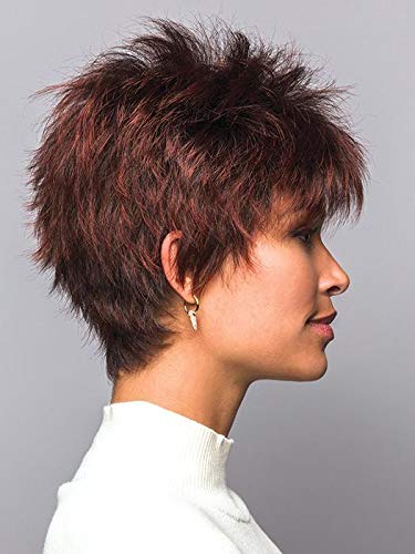 Lizzy Wig Color Expresso - Rene of Paris Wigs 3.5" Short Spiky Wispy Bangs Razor Layers Synthetic Average Cap Bundle MaxWigs Hairloss Booklet