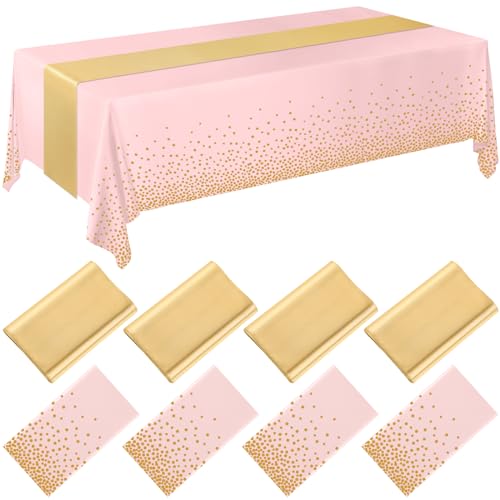 Image of Breling 8 Pack Pink and Gold Disposable Plastic Tablecloths and Satin Table Runner Set, 54 x 108 Inch Tablecloth, 12 x 108 Inch Table Runners for Wedding Graduation Birthday Baby Shower