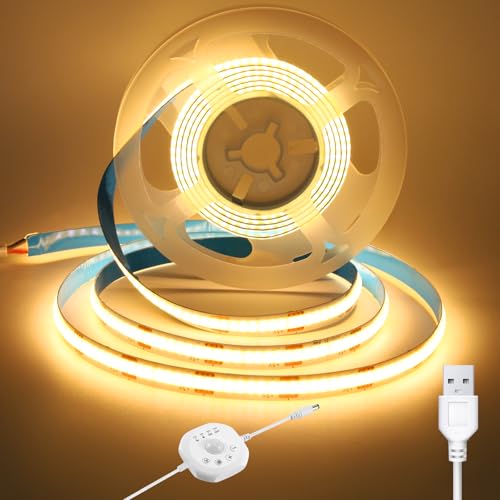 luktix Motion Sensor USB COB LED Strip 2m, 3000K 5V Warm White LED Strip Lights,4 Timers Modes,Day/Night Lighting Modes,Movement Activated Auto ON/Off LED Tape for Stairs,Closet, Cabinet