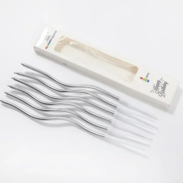 AMFIN (Pack of 6) Happy Birthday Spiral Candle with Holder for Cake - Silver