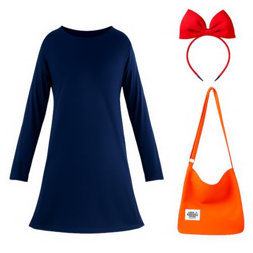 Hillban Women Witch Halloween Cosplay Costume for Witch T-shirt Dresses Dark Blue and Bow Headband Red Bowknot Headband (Medium)